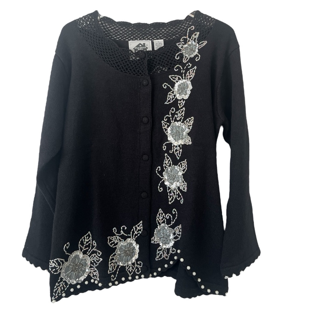 NWT New Storybook Knits Women's Floral Beaded Black Cardigan Sweater Large